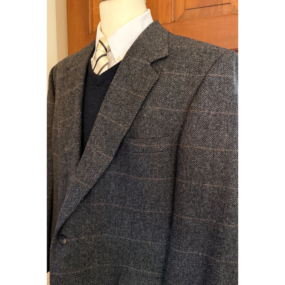 Bill Blass Windowpane Sport Coat Mens 46L Gray Wool Herringbone Tweed Blazer